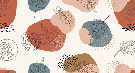 Boho Organic Pattern with Abstract Shapes and Leaves - Seamless Modern Background