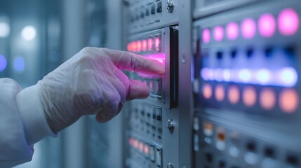 Scientist's hand in a glove pressing a button on a control panel