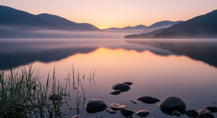Misty mountain lake at sunrise reflection peaceful landscape