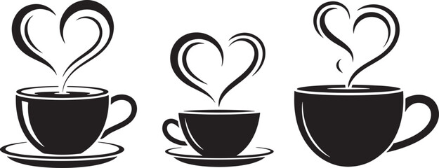 Three Coffee Cups with Heart Shaped Steam Black and White Art
