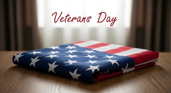Respectful tribute to Veterans Day with a folded American flag indoors