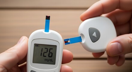 Close-up of hands using a glucose meter to check blood sugar levels, a health monitoring tool.