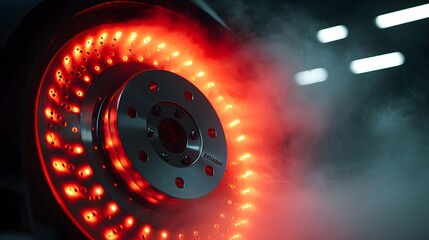 Glowing red hot car brake disc with smoke and steam in a dark garage