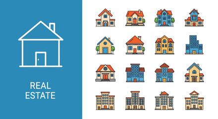A diverse collection of real estate icons, including detailed pixel art houses and a simple outline-style building