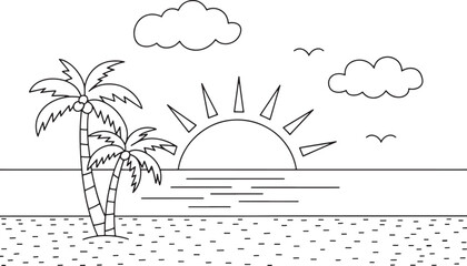 Tropical beach sunset with palm trees and birds vector illustration outline