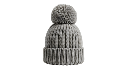Gray knitted beanie hat with pompom isolated on transparent background, a cozy and fashionable accessory for cold weather days