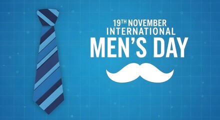Celebrating International Men's Day with a tie and mustache graphic on a blue background