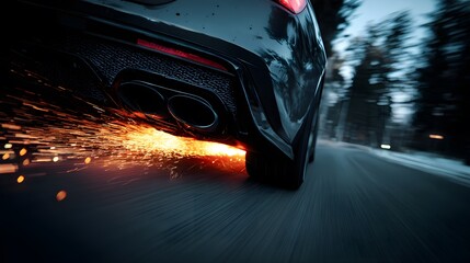 Black sports car accelerating on a road with sparks flying from the exhaust