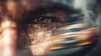 Close-up of a human eye with motion blur and colorful streaks of light