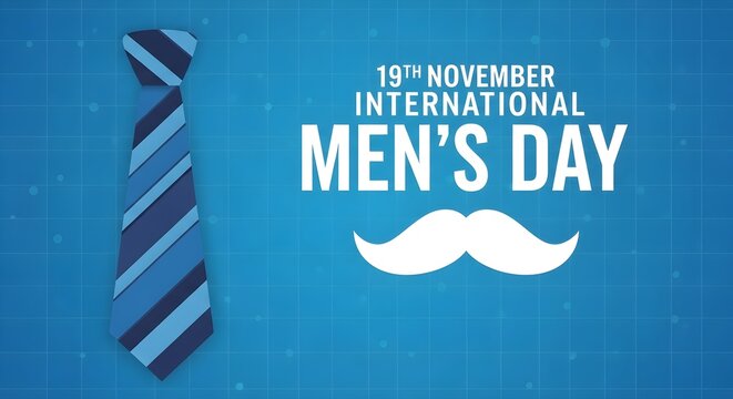 Celebrating International Men's Day with a tie and mustache graphic on a blue background