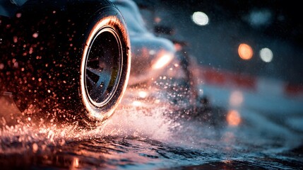 Car tire splashing through water on a wet road at night with bokeh lights
