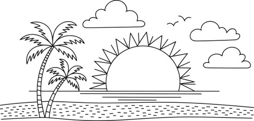 Tropical Sunset Scene with Palm Trees and Sea in Black and White