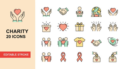 Charity icons with heart hands handshake and donation symbols for support and care concepts