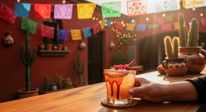 Refreshing Margarita with Salted Rim and Red Berries in a Festive Mexican Patio Setting