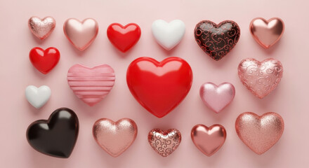Collection of diverse heart shapes and textures on a soft pink background