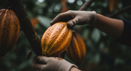 Person with glove touching cacao pod on tree, concept of harvesting cocoa bean fruit for chocolate production and agriculture