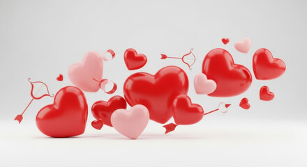 Red and pink hearts with cupid's arrows on white background