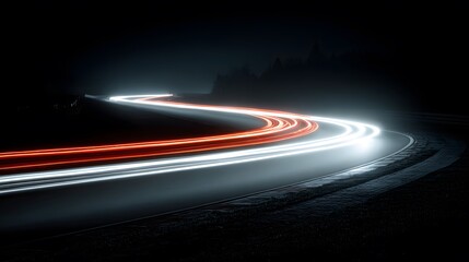 Nighttime race track with blurred light trails from speeding vehicles