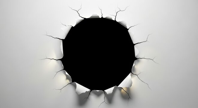 A hole ripped in a white paper with black background isolated on white background
