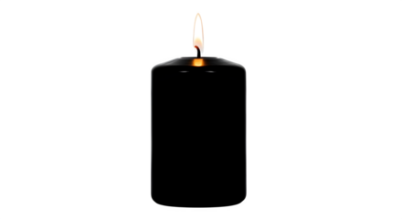 A black pillar candle with a bright flame isolated on transparent background, casting a warm glow in the darkness of the scene