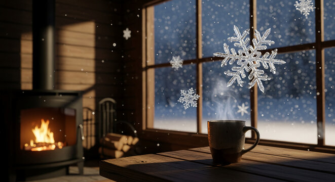 Interior view of a wooden cabin with a cup of hot drink on a wooden table, snowflakes falling outside, representing winter, holidays and relaxation