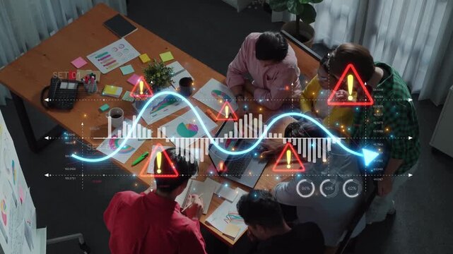 A group of professionals engaged in a dynamic meeting, utilizing digital analytics and brainstorming on project strategies in a modern workspace. Raster - Powered by Adobe