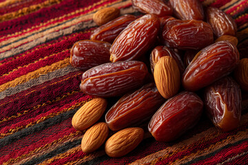 Fototapeta premium A generic display of fresh dates and roasted almonds, neatly arranged on a traditional woven mat, symbolizing local produce.
