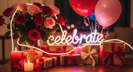 Birthday celebration gifts, roses, balloons, candles, neon sign