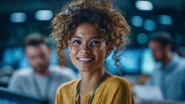 The Visionary: A confident woman with curly hair and glasses gazes serenely at the camera, embodying the spirit of innovation and insight in a modern work environment.