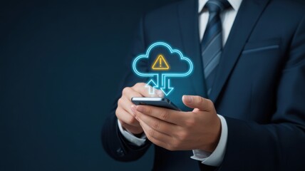 A businessman is using smartphone that shows cloud and warning sign. Concept of cyber security, data breach, or system failure