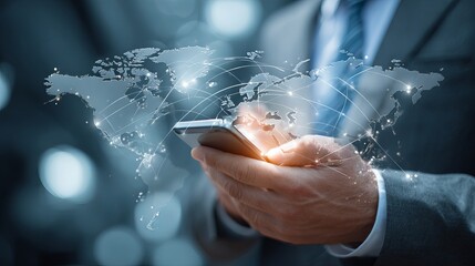 Stay connected globally, professional using smartphone with world map overlay, perfect for international business, modern technology, and worldwide communications