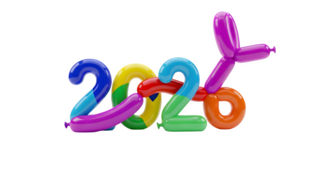 A colorful 2026 made from balloons isolated on transparent background, a festive and playful way to celebrate the new year
