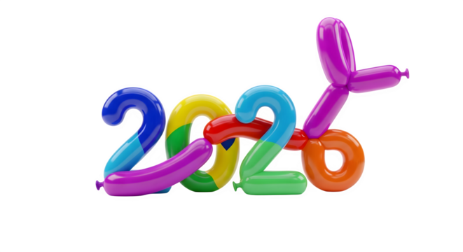 A colorful 2026 made from balloons isolated on transparent background, a festive and playful way to celebrate the new year