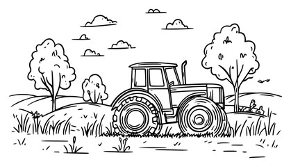 Rural Farm Tractor Driving Through Meadow Field – Agriculture Vector Sketch © Luka