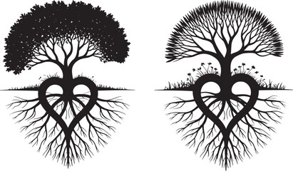 Two trees with heart shaped roots conveying connection and nature