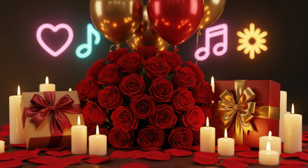 Romantic valentine's day arrangement with roses, gifts, and candles
