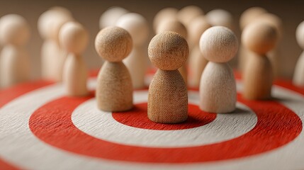 Wooden figures on target show strategic focus for business success, aiming to achieve goals and reach objectives, ideal for team building and marketing campaigns
