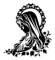 Holy Virgin Mary Profile Adorned with Roses – Sacred Religious Line Art Icon
