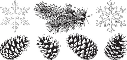 Winter seamless pattern with pine cones snowflake and pine branch illustration