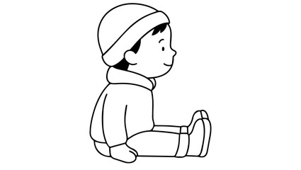 Cute Boy Emil Sitting, Black & White Coloring Book Line Drawing, cute boy illustration, Emil character drawing, black and white line art, children’s coloring page, coloring book boy, cartoon boy,