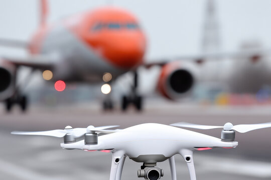 White Drone Foregrounded Against Blurred Airport Airplane: Aviation Tech and Modern Transport Fusion