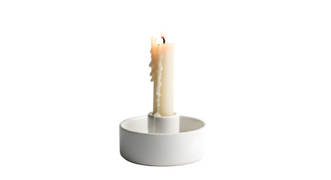 White candle in white candle holder isolated on transparent background, creating a clean and minimalist aesthetic