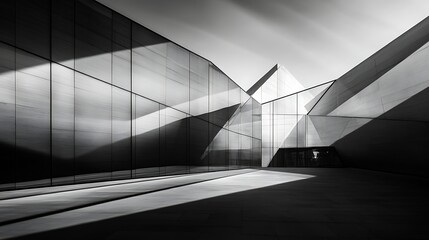 A modern office building of sleek glass and steel architecture reflects the blue sky, dominating the city skyline at night