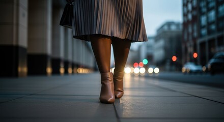 Woman walking city street showcases personal style and current trends. Walking city street with fashionable skirt and boots, lights twinkling softly in background.