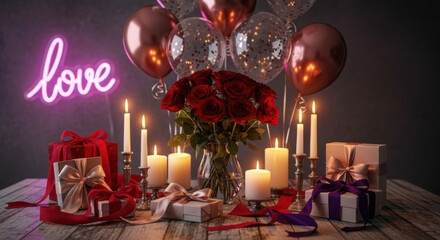 Romantic ambiance with roses, gifts, candles and neon love sign