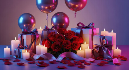 Romantic celebration with roses, balloons, gifts, and candles