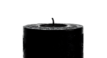 Closeup of a black pillar candle with a short, burnt wick isolated on transparent background, creating a simple yet striking image