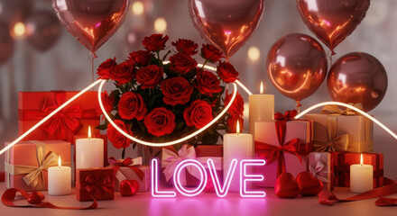 Romantic valentine's day scene with roses, gifts, and heart balloons.