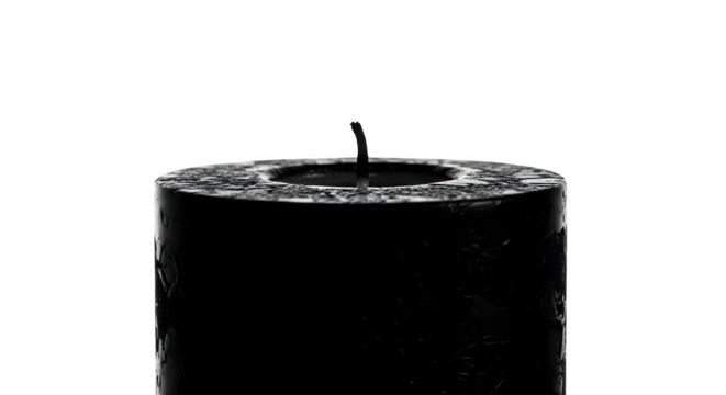 Closeup of a black pillar candle with a short, burnt wick isolated on transparent background, creating a simple yet striking image