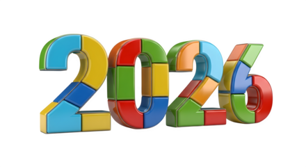 Colorful 2026 number made of toy blocks isolated on transparent background, representing the upcoming year with a playful and vibrant design
